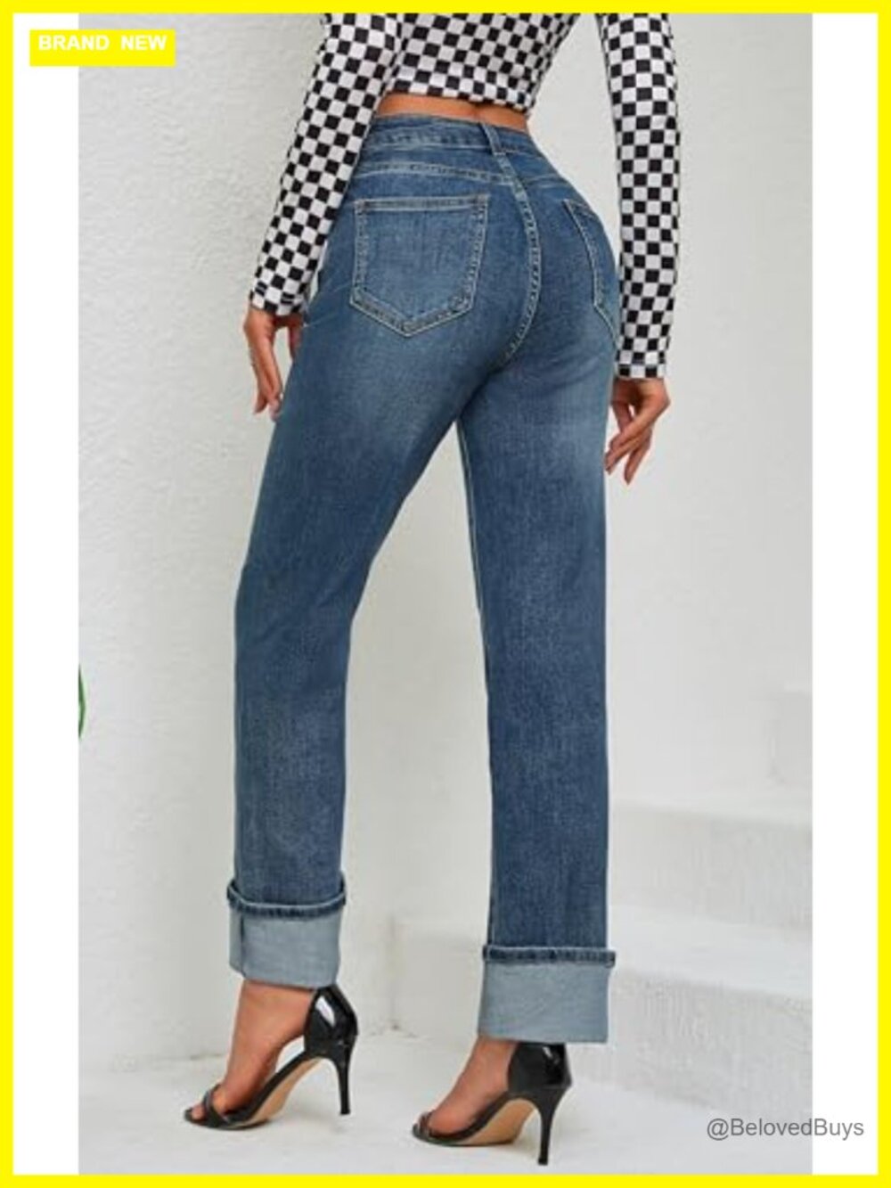 High Waisted Stretchy Straight Leg Jeans Tummy Control Cuffed Ankle Hem - Picture 2 of 6